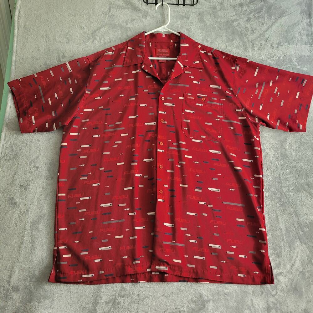 Fubu The Collection short sleeve button up shirt mens XXL maroon logo AOP